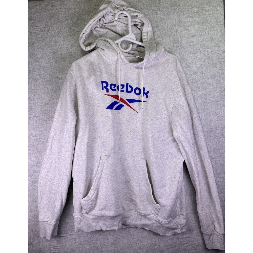 Reebok Sweater Mens Large Heather Gray Spell Out Logo Sweatshirt Casual Hoodie